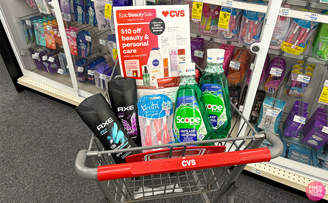 Axe Mens Body Wash Crest Mouthwash and Gillette Venus Disposable Razors on a Cart at CVS