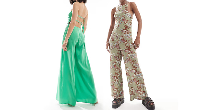 Bandeau Scarf Detail Satin Jumpsuit and Vintage Sleeveless Jumpsuit