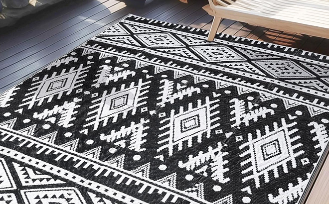 Black and White Waterproof Outdoor Rug with Geometric Patterns