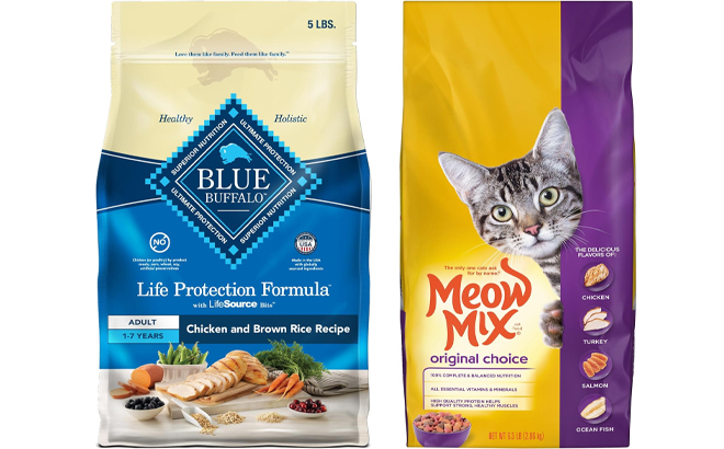 Blue Buffalo Life Protection Formula Adult Dry Dog Food and Meow Mix Original Choice Dry Cat Food