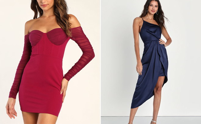 Bound to be Bold Magenta Off the Shoulder Bustier Bodycon Dress and Law of Attraction Navy Blue One Shoulder Asymmetrical Midi Dress