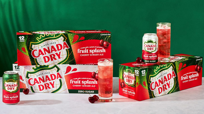 Canada Dry Fruit Splash Cherry Ginger Ale Soda 12 Packs on a Table