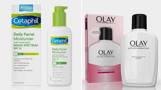 Cetaphil Daily Facial Moisturizer and Olay Active Hydrating Beauty Fluid