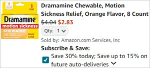 Checkout page of Dramamine Motion Sickness Relief Chewable Tablets