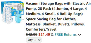 Checkout page of Vacuum Storage Bags 20 Count with Electric Air Pump