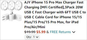 Checkout page of iPhone 15 Charger 3 Pack