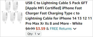 Checkout page of iPhone Charger Cable 5 Pack