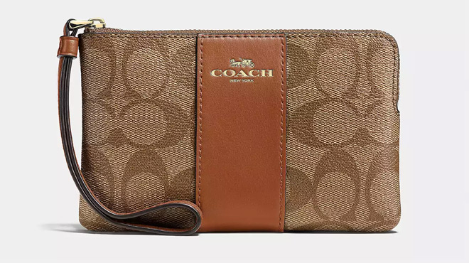 Coach Outlet Corner Zip Wristlet in signature canvas Gold Khaki Saddle