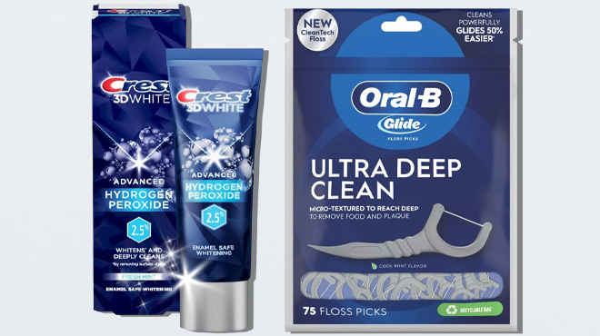 Crest 3DWhite Advanced 2 5 Hydrogen Peroxide and Oral B Glide Ultra Deep Clean Floss Picks Cool Mint Flavor