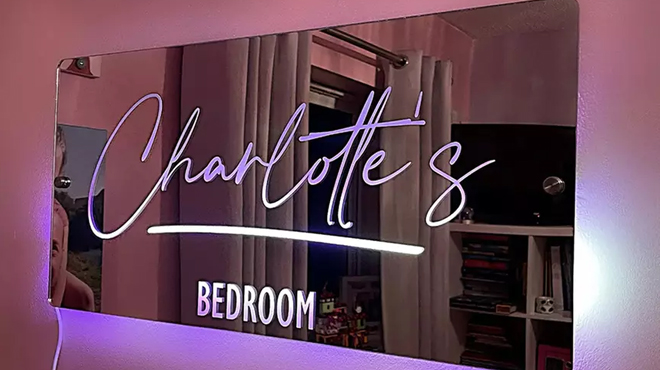 Custom LED Name Mirror With Charlottes Bedroom Text