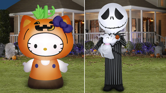 Disney Halloween Jack Skellington Inflatable on the left and Halloween Hello Kitty 5 Yard Inflatable on the right