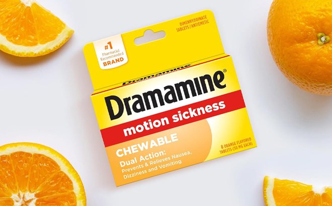 Dramamine Motion Sickness Relief Chewable 8 Count Tablets Box on a Table