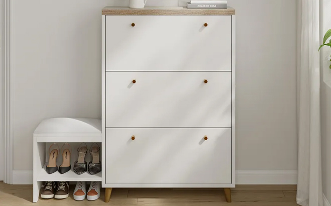 Entryway Shoe Storage Cabinet with Shoe Bench in White