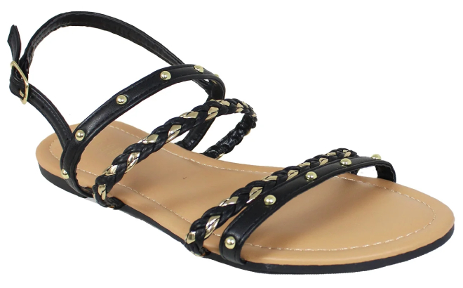 Fifth Luxe Womens Metallic Braided Stud Flat Sandals