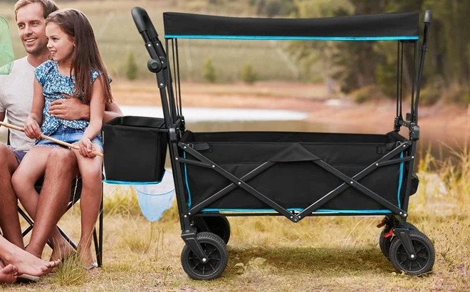 Foldable Wagon Utility Carts with Wheels and Rear Storage in Black