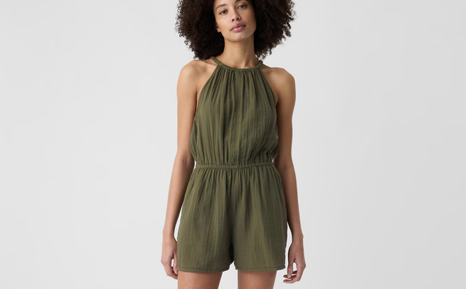 GAP Factory Print Halter Romper in Olive