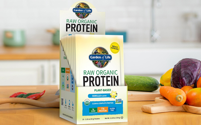 Garden of Life Raw Organic Vanlla Protein Powder Packs on Table