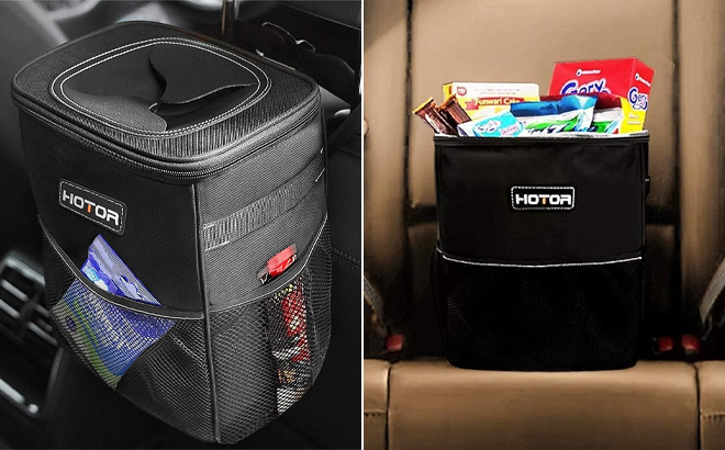 HOTOR Car Trash Can with Lid and Storage Pockets