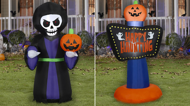 Halloween 3 5 ft Scary Reaper Airblown Yard Inflatable and Halloween 3 5 ft Haunted Signpost Yard Inflatable