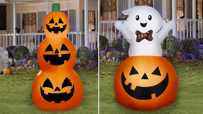 Halloween 4 ft Stack Reversible Jack o Lantern Yard Inflatable and Halloween Ghost 3 5 ft Jack o Lantern Yard Inflatable