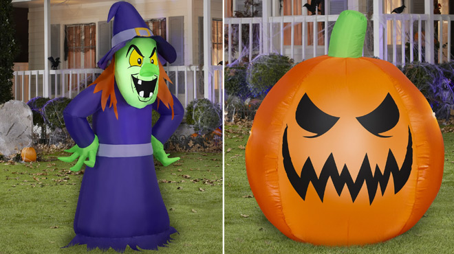 Halloween 4 ft Witch Yard Inflatable and Halloween 3 ft Reversible Jack o Lantern Yard Inflatable