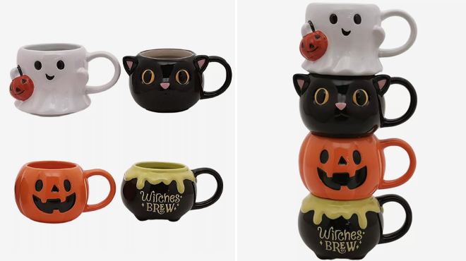 Halloween Ghost Black Cat Jack o Lantern Cauldron Stacking Mugs