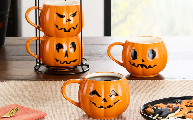 Halloween Pumpkin Stoneware Mugs Set 4 Pack