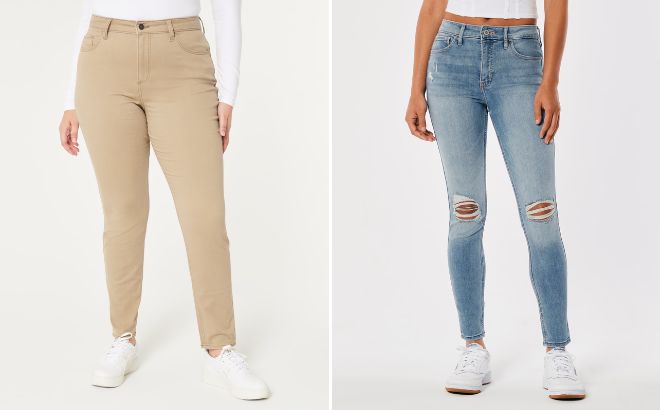 Hollister Womens High Rise Khaki Super Skinny Pants and High Rise Ripped Skinny Jeans