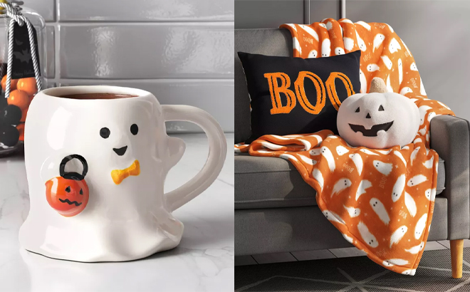 Hyde EEK Boutique Halloween Stoneware Figural Ghost Mug and Ghost Printed Plush Halloween Throw Blanket