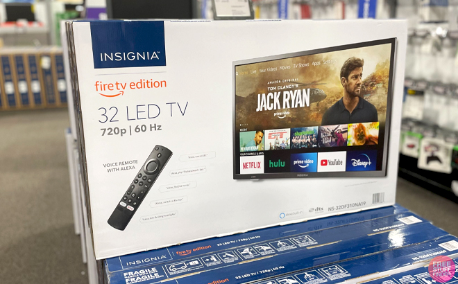 Insignia 32 Inch Class F20 Series LED HD Smart Fire TV Box in a Store