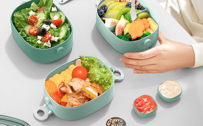 KHOXU Bento Lunch Box Stackable 3 Layers Bento Box Adult Lunch Box