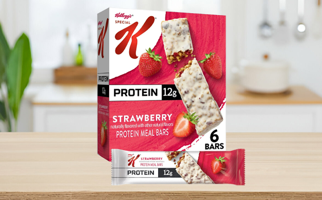 Kelloggs Strawberry Chewy Protein Meal Bars Box on a Table