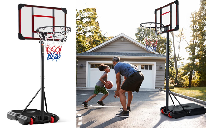 Kids Height Adjustable Basketball Hoop Square Backboard with 2 Wheels