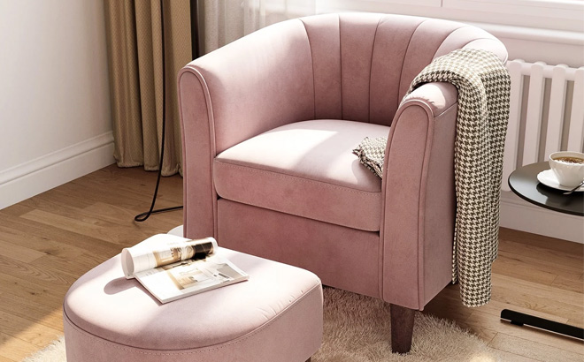 Linsy Home Velvet Accent Chair with Ottoman in Pink