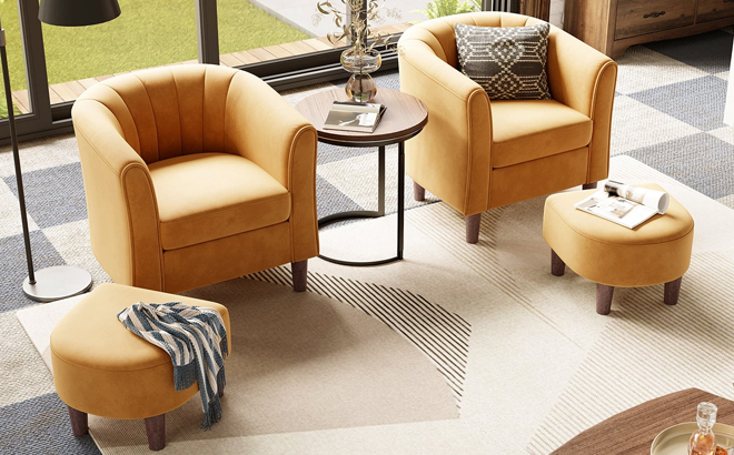 Linsy Home Velvet Accent Chairs with Ottomans in Yellow