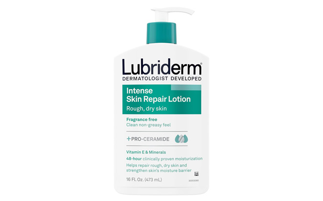 Lubriderm Intense Dry Skin Repair Lotion on a Plain Background