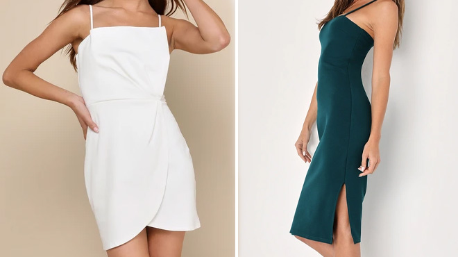 Lulus Drinks On Me White Sleeveless Pleated Bodycon Dress and Lulus Paulina Forest Green Bodycon Midi Dress