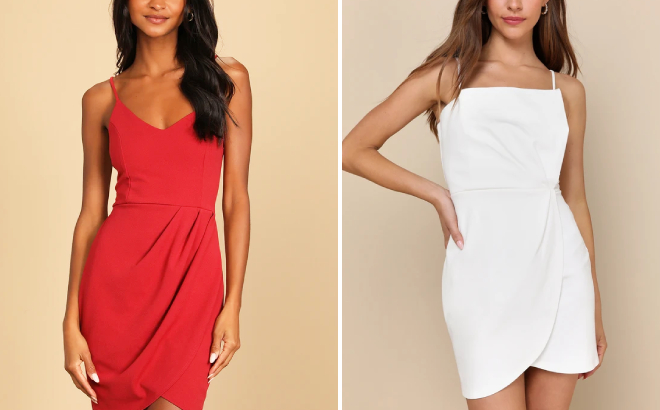 Lulus Forever Your Girl Rust Red Bodycon Dress and Lulus Drinks On Me White Sleeveless Pleated Bodycon Dress