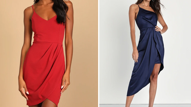 Lulus Forever Your Girl Rust Red Bodycon Dress and Lulus Law of Attraction Navy Blue One Shoulder Midi Dress