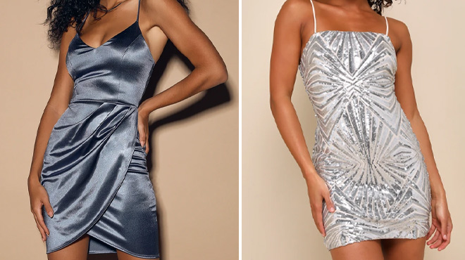 Lulus Forever Your Girl Slate Blue Satin Bodycon Dress and Lulus Lost In Your Eyes Silver Sequin Bodycon Mini Dress