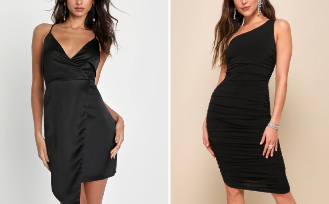 Lulus What a Stunner Black Satin Asymmetrical Mini Dress and Ruched Bodycon Midi Dress