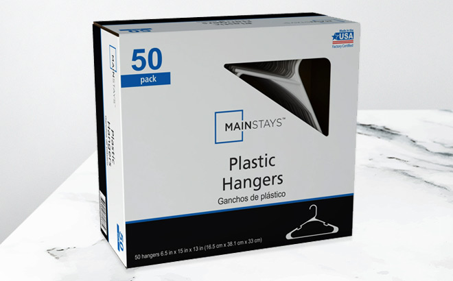 Mainstays Adult Teen Clothing Hangers 50 Piece in the Box on the Table