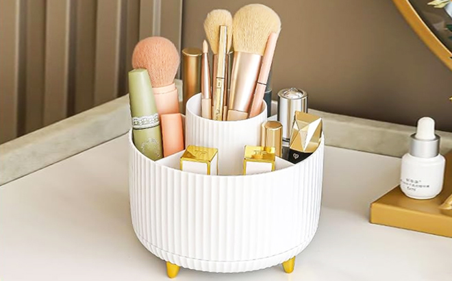 Makeup Brush Holder Organizer Filled with Makeup Supplies