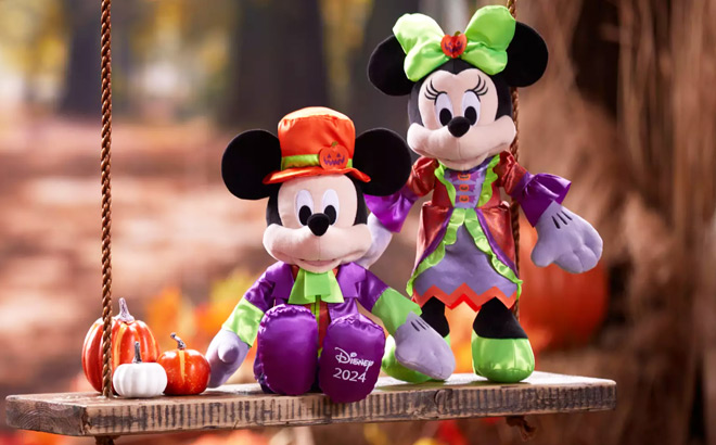 Mickey and Minnie Mouse Halloween Plush on a Swing