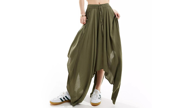 Miss Selfridge Cheesecloth Handkerchief Hem Maxi Skirt in Olive Color