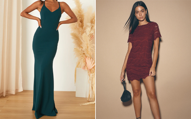 Moments Of Bliss Forest Green Backless Mermaid Maxi Dress and Take Me to Brunch Burgundy Lace Shift Dress