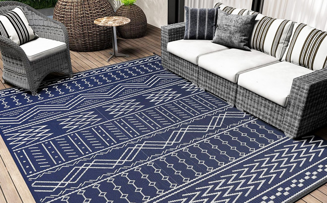 Navy Blue and White Waterproof Outdoor Rug