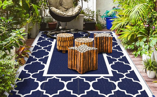 Navy Blue and White Waterproof Patio Rug