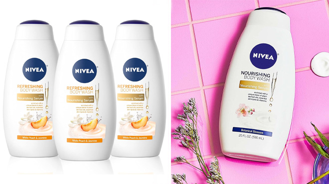 Nivea White Peach and Jasmine Body Wash with Nourishing Serum 3 Pack and Botanical Blossom Body Wash