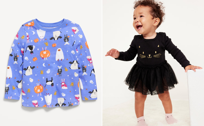 Old Navy Printed Long Sleeve T Shirt for Toddler Girls and Long Sleeve Graphic Bodysuit Tutu Dress for Baby